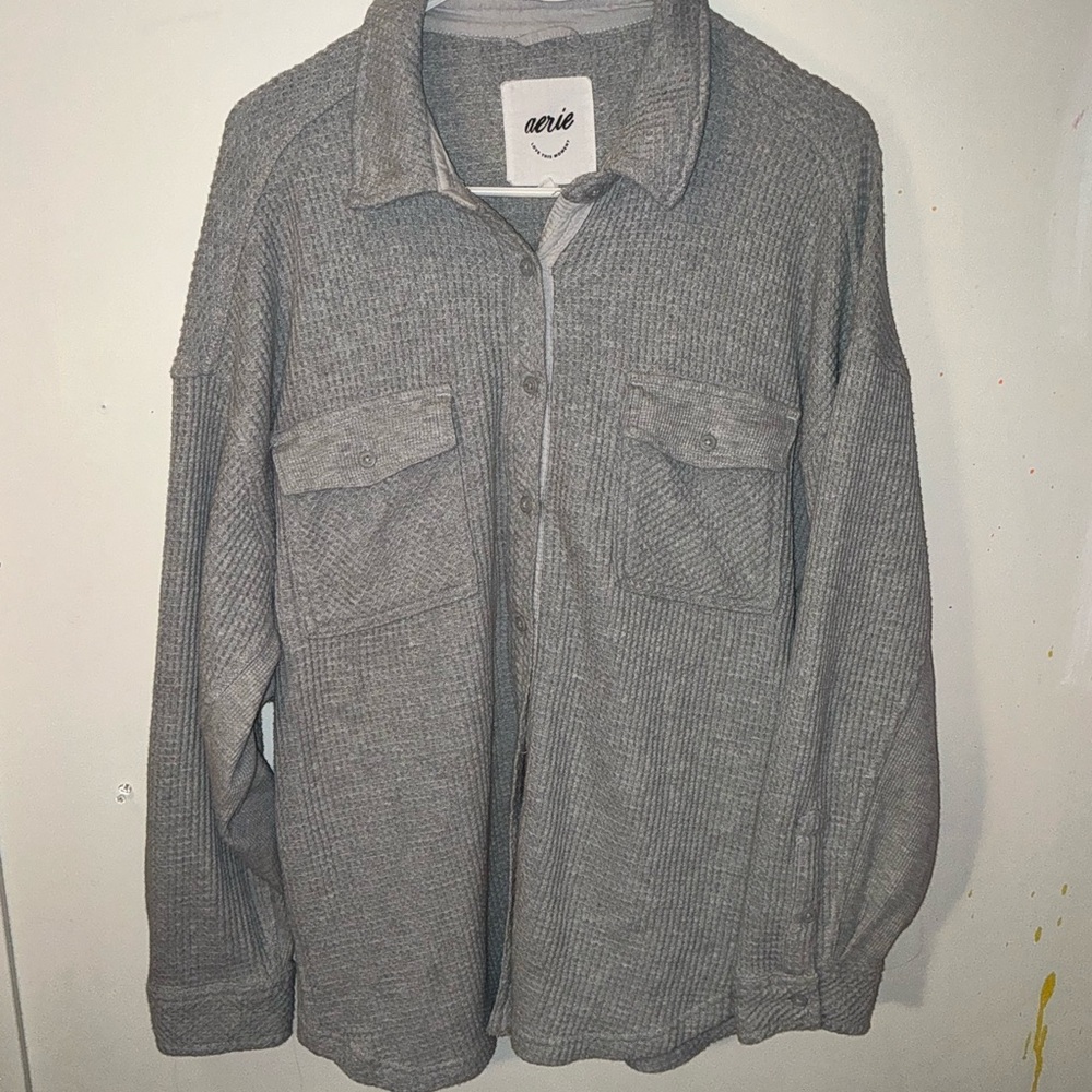 aerie Light Gray oversized Waffle Knit Button-Up